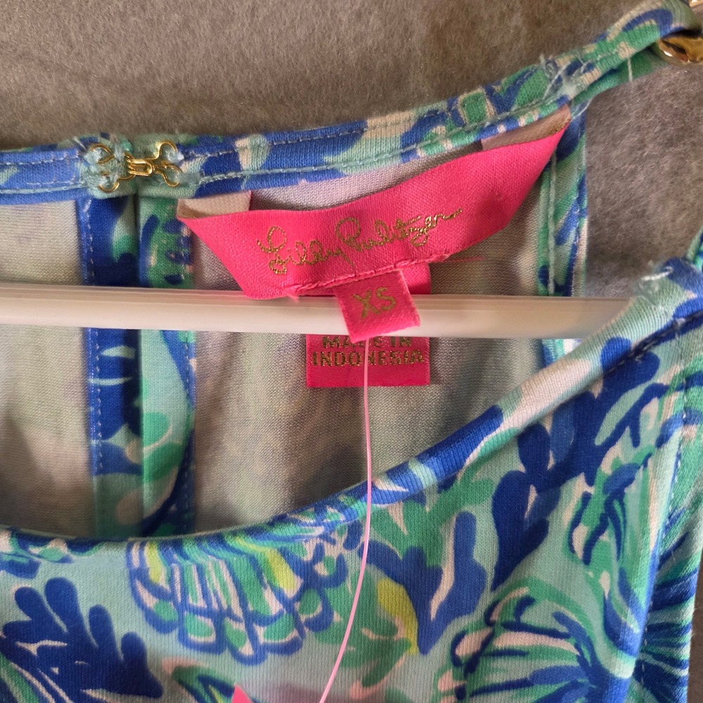 Lilly Pulitzer Keeran Jumpsuit Seeing Double Sea Glass Aqua Gold Chain XS NEW - Picture 4 of 7